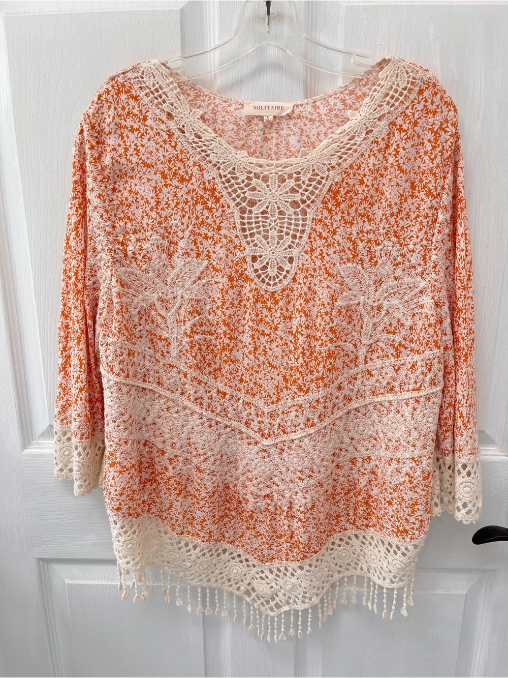 Anthropologie Solitaire Orange Floral Embroidered Crochet Lace Blouse Top L